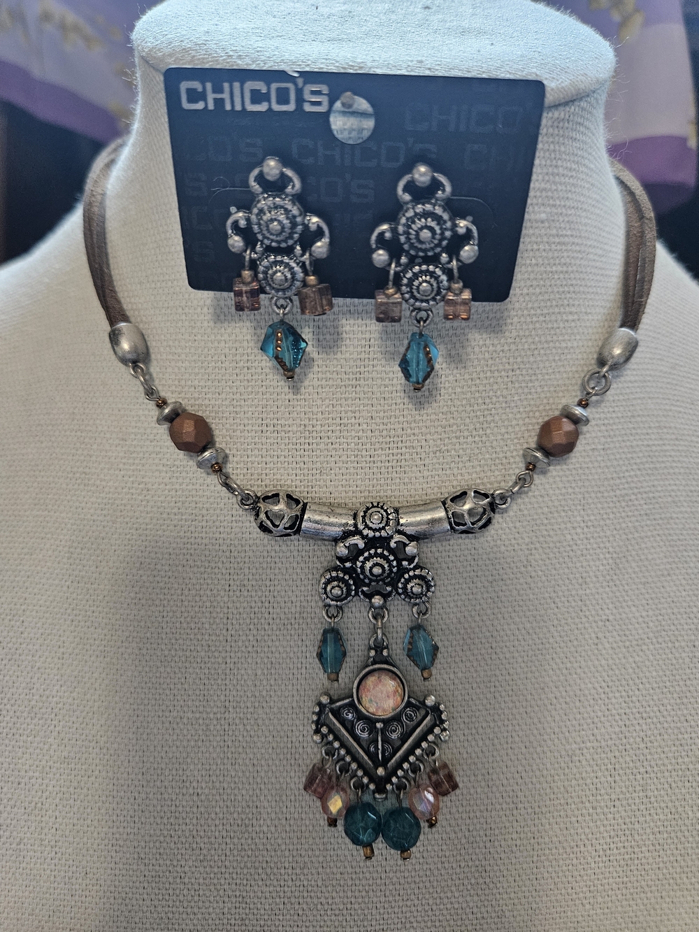 Chico's Turquoise and Bronze Boho Drop Necklace with Matching Earrings NWT